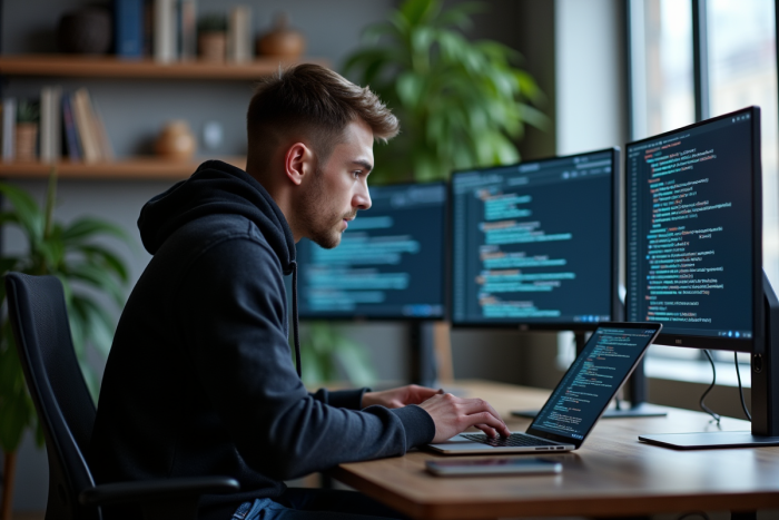 Jeune homme concentré travaillant sur son ordinateur dans un bureau moderne