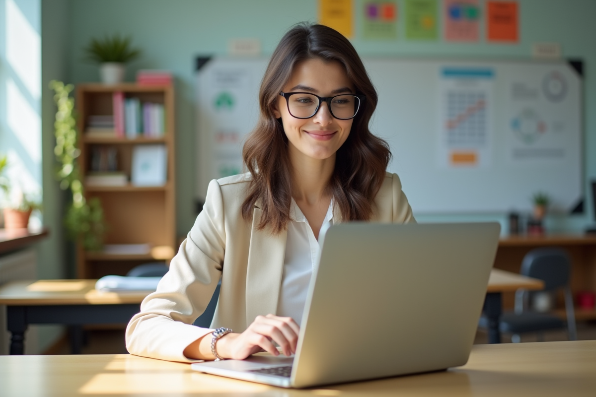 Jeune enseignante souriante utilisant une plateforme en ligne