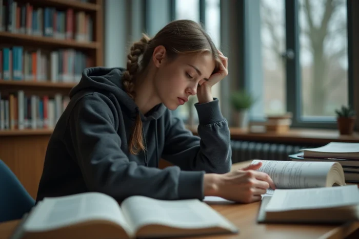 Jeune femme isolée dans une bibliothèque universitaire