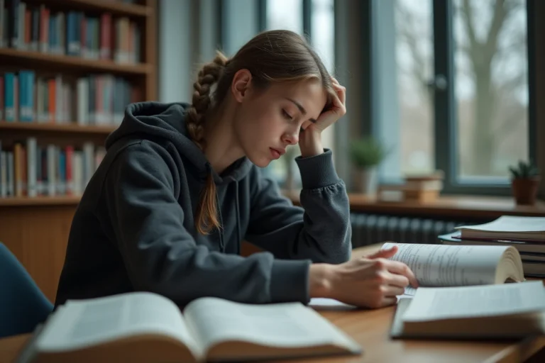 Jeune femme isolée dans une bibliothèque universitaire