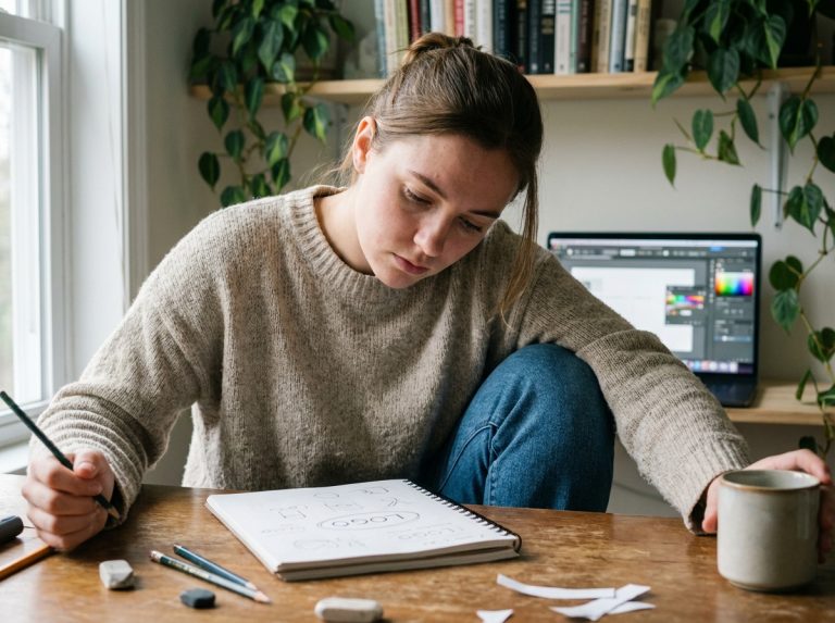 Jeune femme en train de dessiner un logo dans un appartement cosy