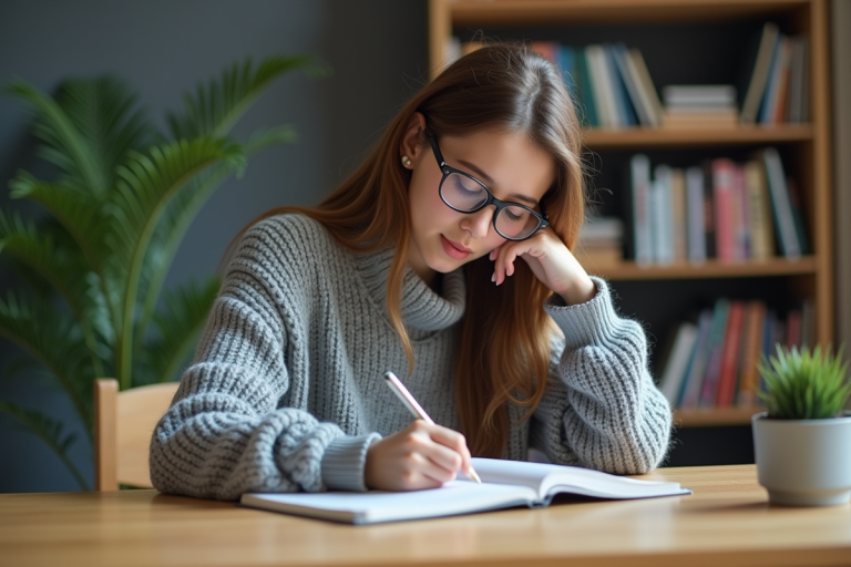 Jeune femme concentrée prenant des notes dans un espace d'étude