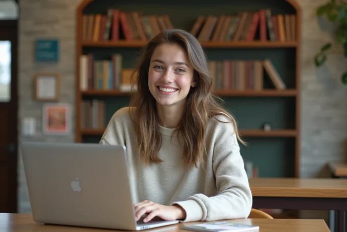 Jeune femme souriante à l'université avec ordinateur portable
