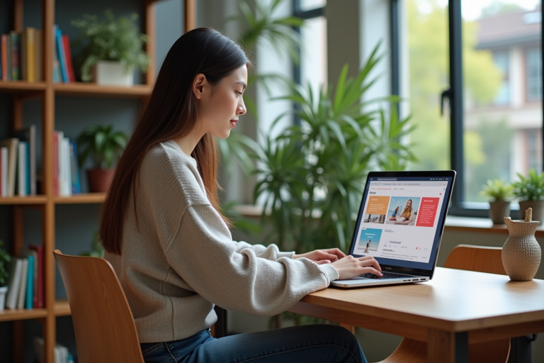Jeune femme étudiant utilisant un ordinateur portable dans une ambiance universitaire