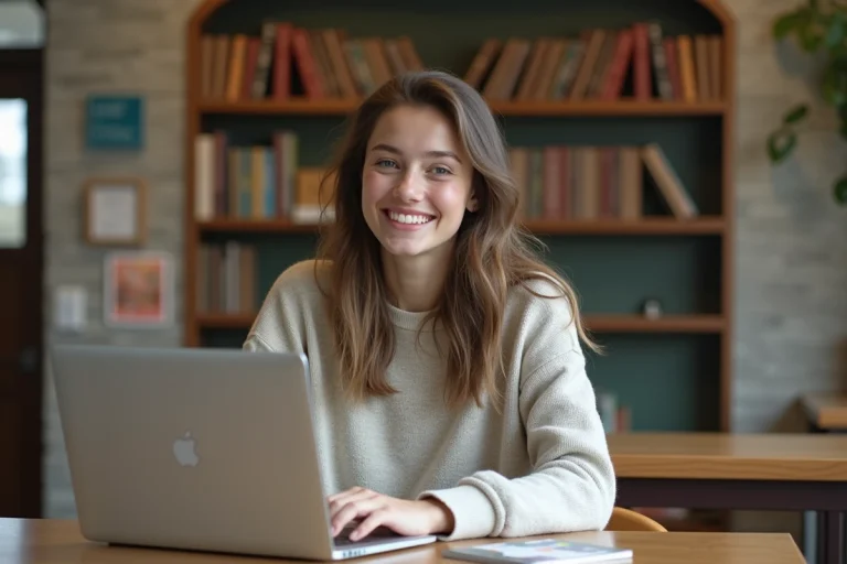 Jeune femme souriante à l'université avec ordinateur portable
