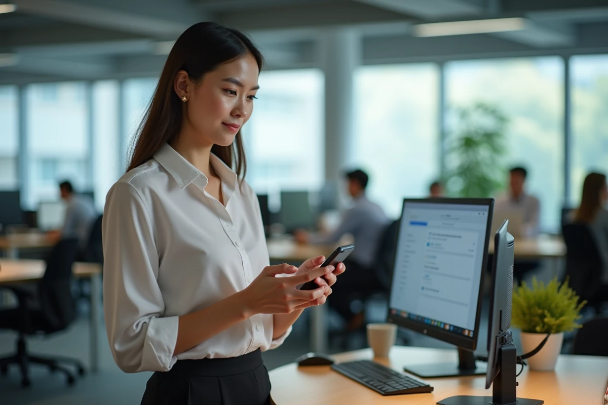 Jeune femme en tenue décontractée utilisant son smartphone dans un bureau dynamique