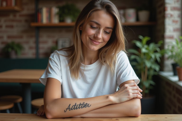 Jeune femme regardant son tatouage scripté sur le bras