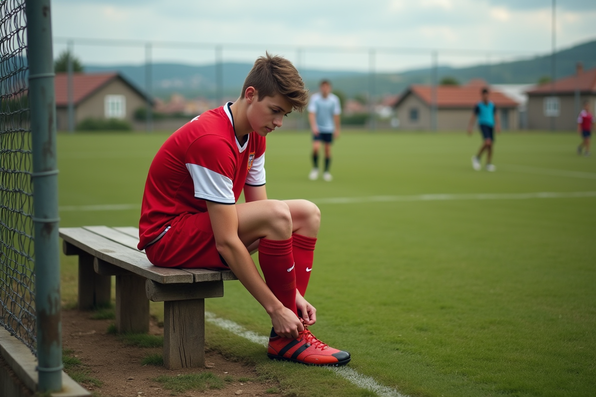 Jeune footballeur en tenue de match sur le terrain rural