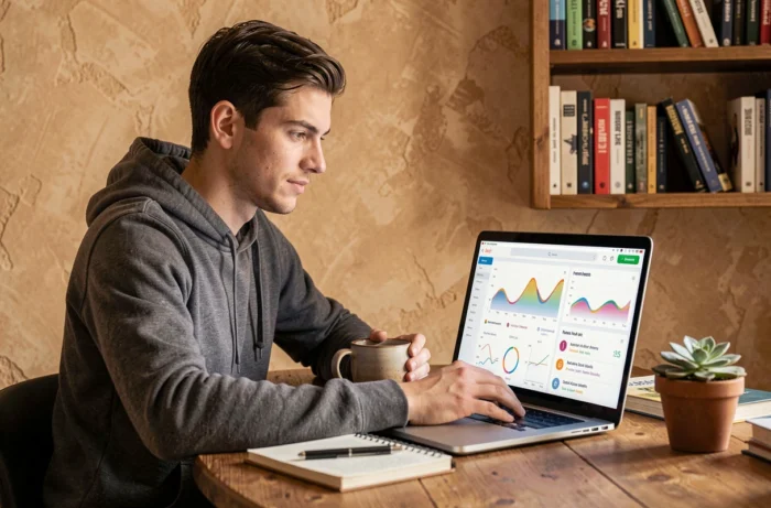 Jeune homme utilisant une application numérique de suivi de santé et de nutrition sur un ordinateur portable
