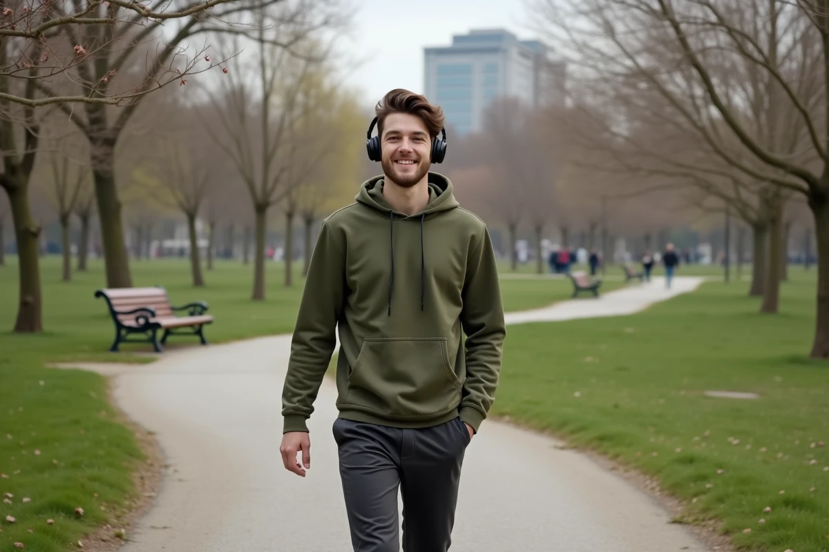 Jeune homme marche dans un parc au printemps