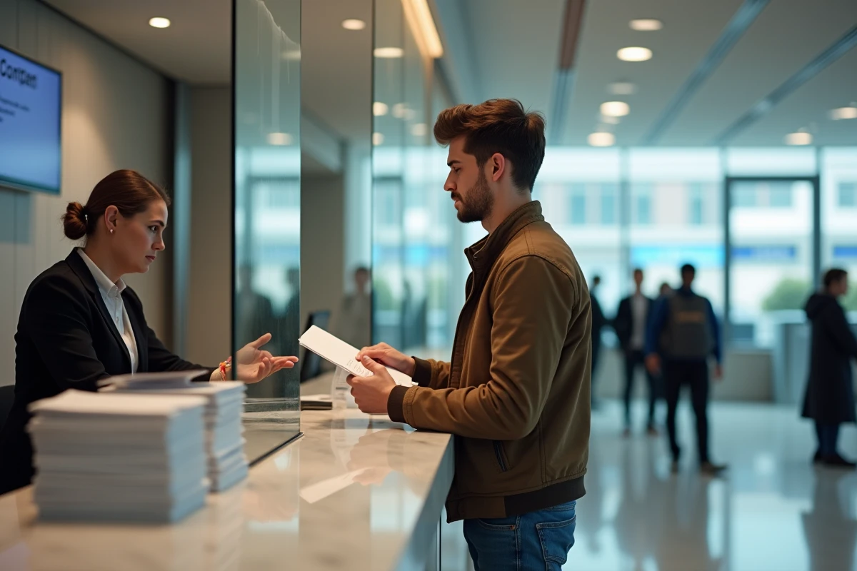Jeune homme frustré remettant documents à la banque