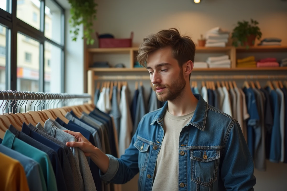 Jeune homme examine un vêtement dans une boutique de seconde main