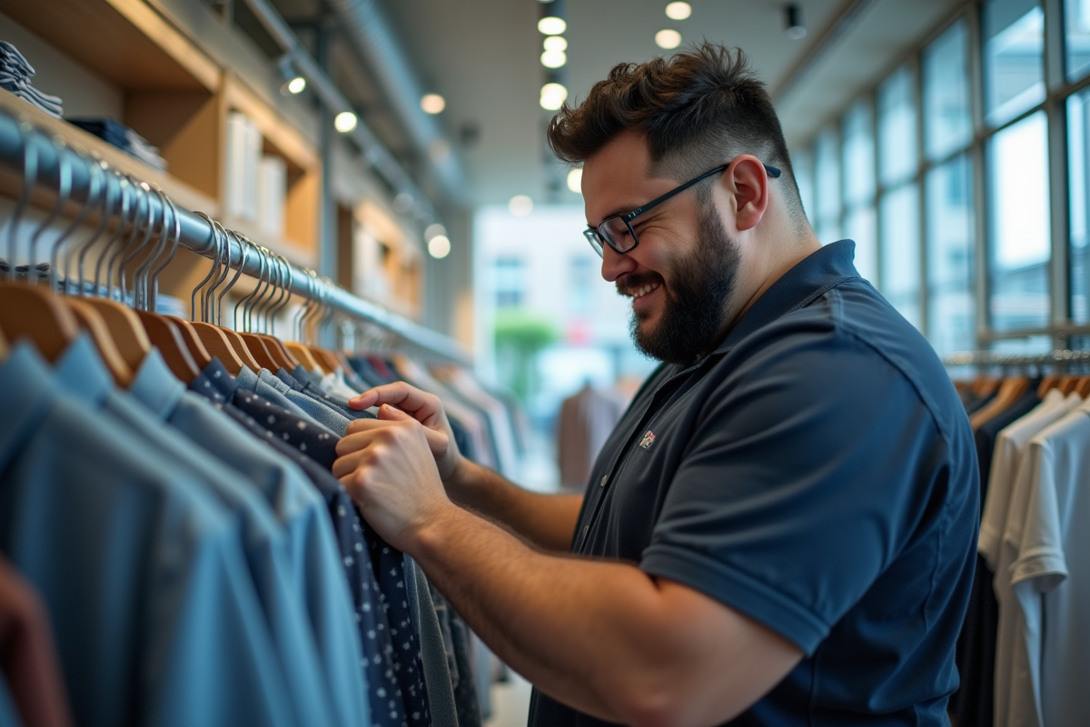 Jeune homme souriant choisissant une chemise en magasin moderne