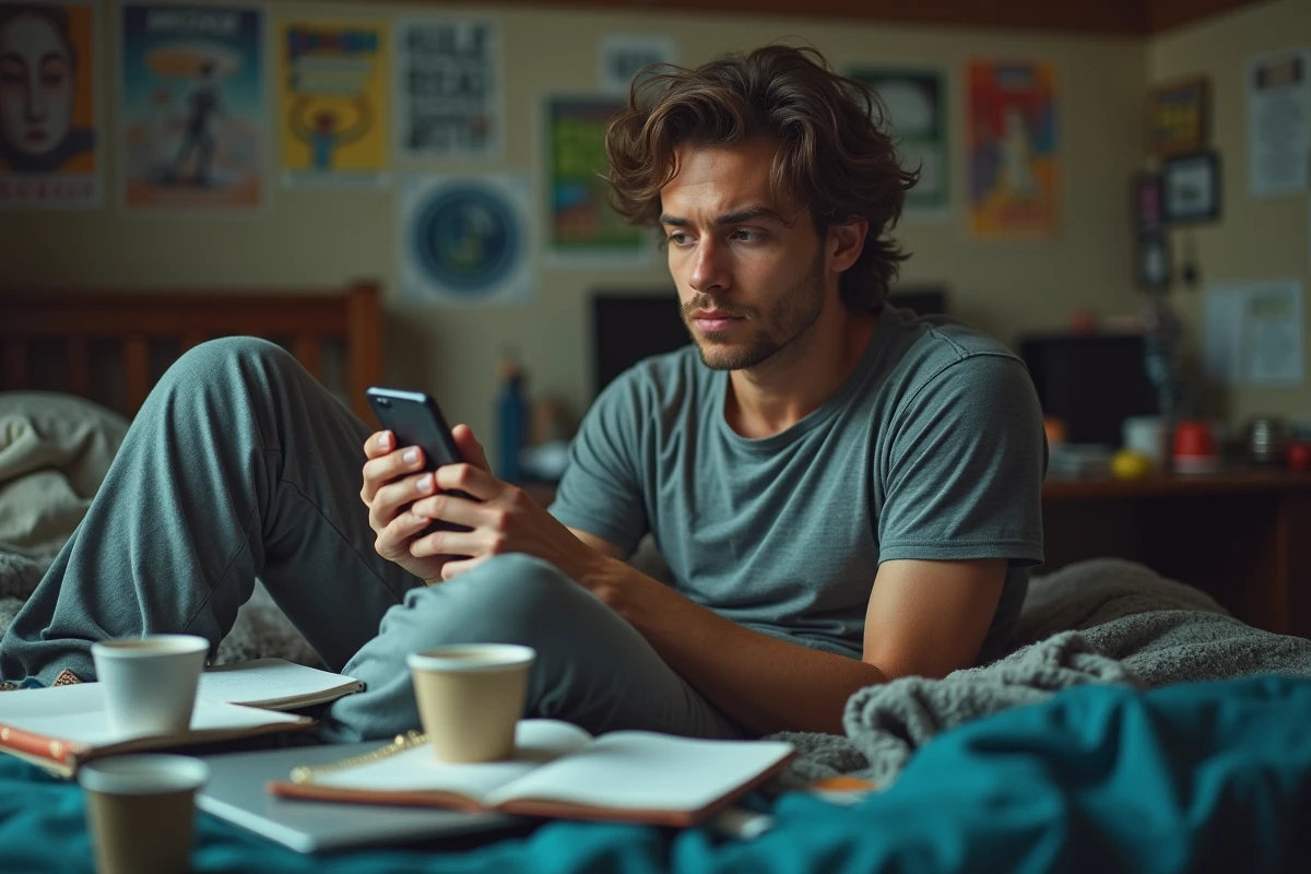 Jeune homme fatigué dans une chambre universitaire