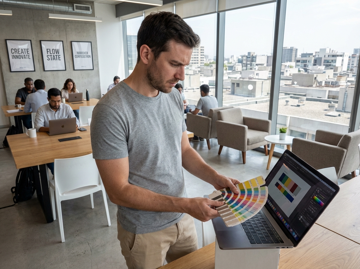 Jeune homme examinant des échantillons de couleurs dans un espace de coworking