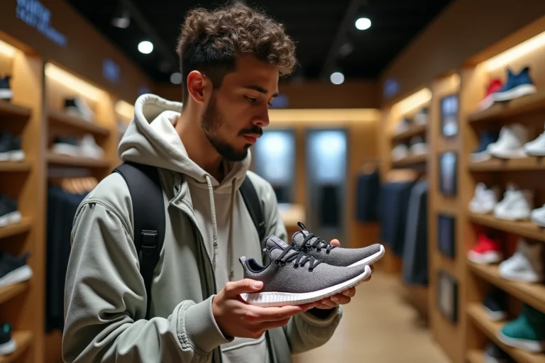 Jeune homme inspectant des sneakers tendance en magasin
