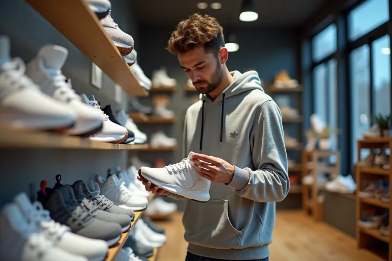 Jeune homme examine des sneakers dans un magasin moderne