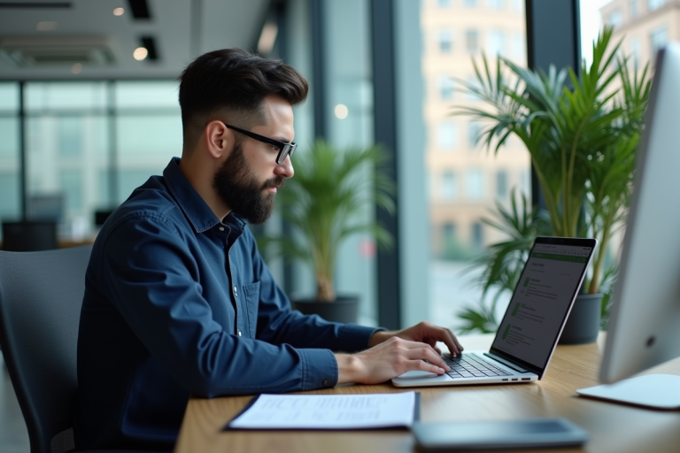 Jeune homme professionnel travaillant sur son ordinateur en bureau