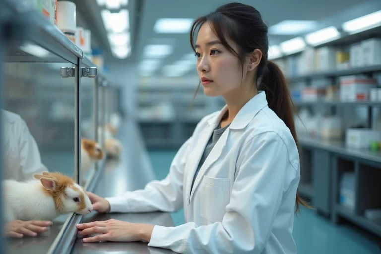 Jeune scientifique en laboratoire avec lapins et équipements modernes