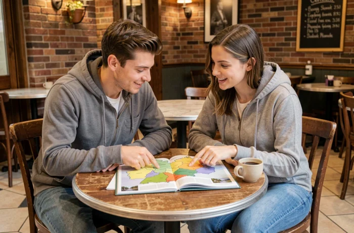 Deux jeunes adultes consultant une carte des Länder allemands en français dans un café urbain