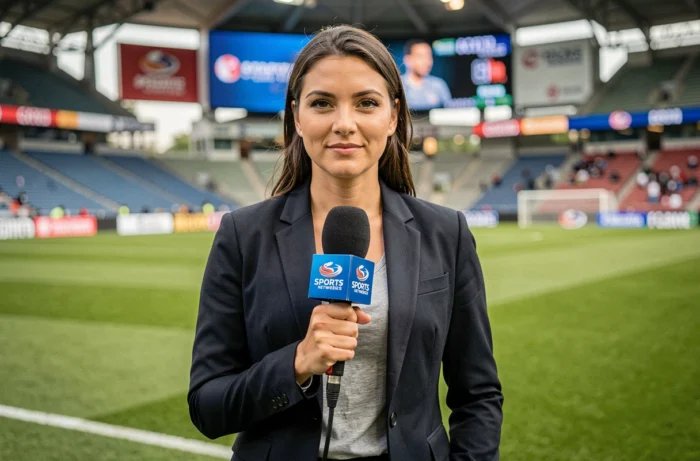 Journaliste sportive féminine tenant un micro en bord de terrain dans un stade de football professionnel