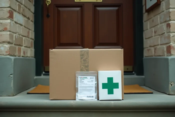 Livraison de médicaments commandés en ligne devant une porte d'entrée résidentielle