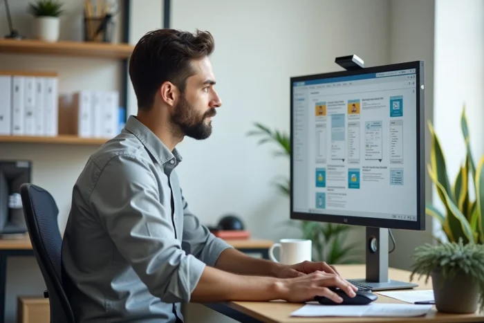 Homme en chemise grise travaillant sur un logiciel de gestion électronique de documents GED sur un grand écran d'ordinateur dans un bureau minimaliste