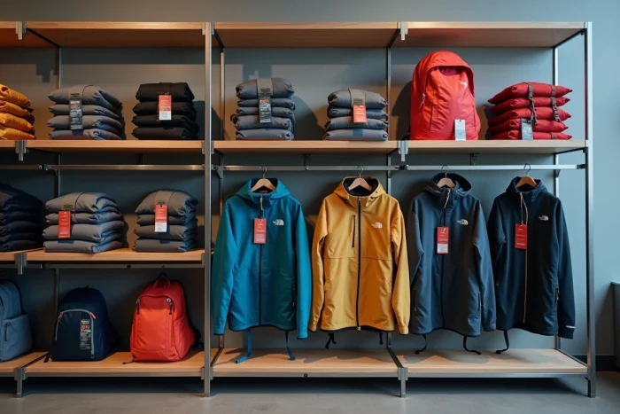 Rayons d'un magasin de sport présentant des vêtements The North Face avec étiquettes de prix, symbolisant le positionnement haut de gamme de la marque
