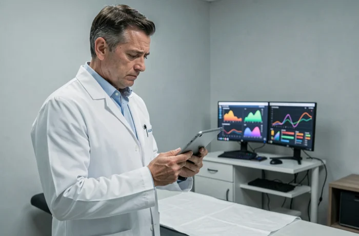 Médecin consultant des données de santé numériques sur une tablette dans un cabinet médical moderne