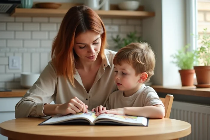 Mère et enfant lisant ensemble un livre illustré à la table de cuisine, moment de complicité favorisant l'épanouissement de l'enfant