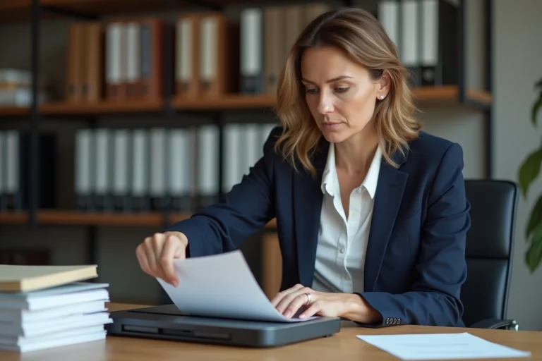 Femme en blazer marine plaçant un document papier dans un scanner de bureau pour la numérisation et la gestion électronique des documents