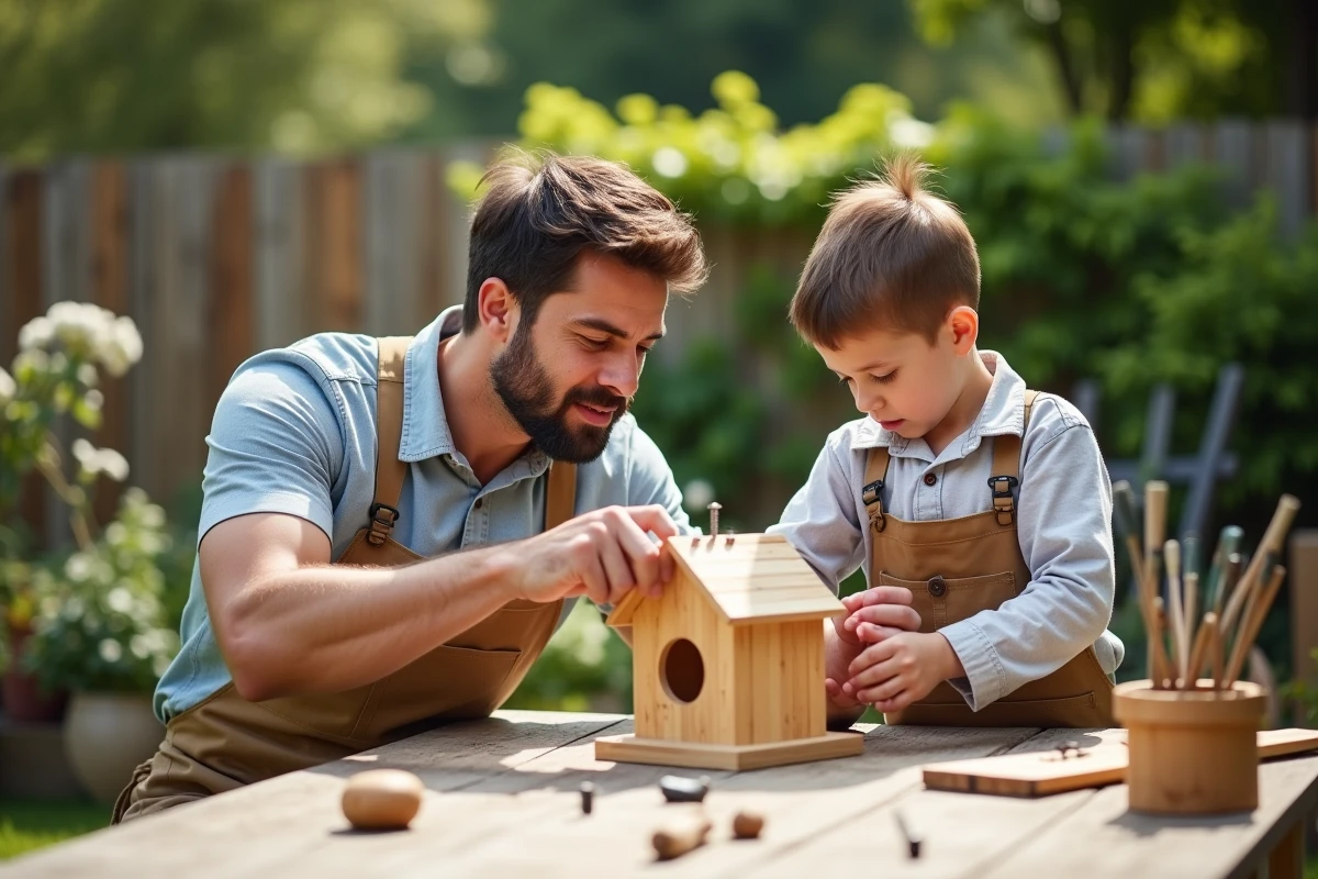 Père et fils assemblant une cabane en bois dans le jardin
