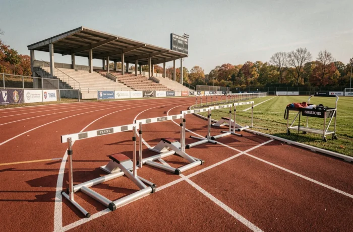 Piste d'athlétisme municipale avec blocs de départ et haies pour clubs sportifs en extérieur