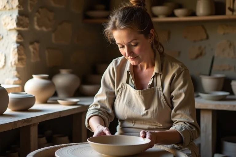 Femme potière française façonnant une coupe en argile dans son atelier