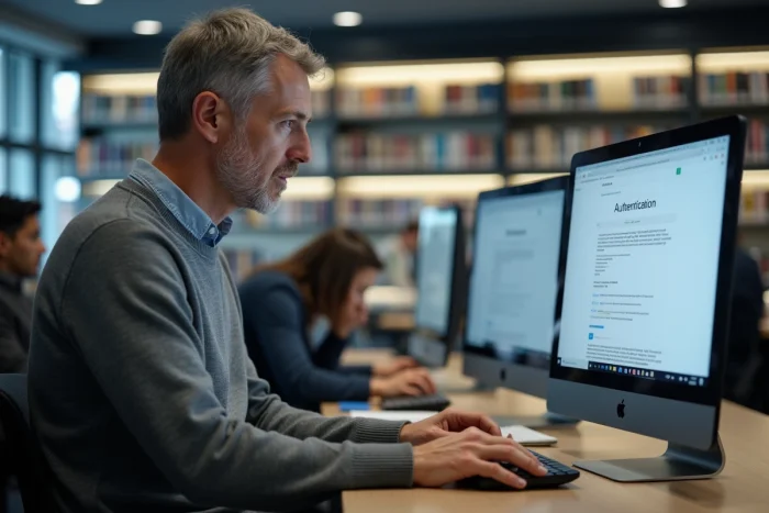 Homme consultant un ordinateur de bibliothèque universitaire face à un problème d'accès à la messagerie académique