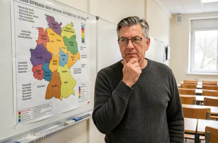 Professeur devant une carte murale des Länder allemands dans une salle de classe universitaire
