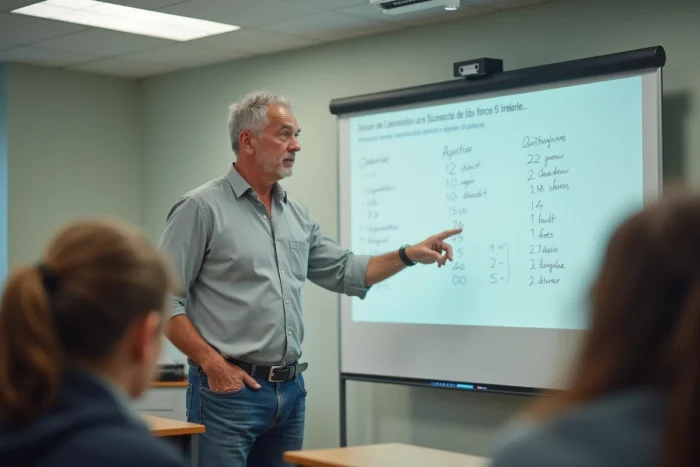 Professeur de collège devant un tableau avec des statistiques de moyennes en classe de 5e