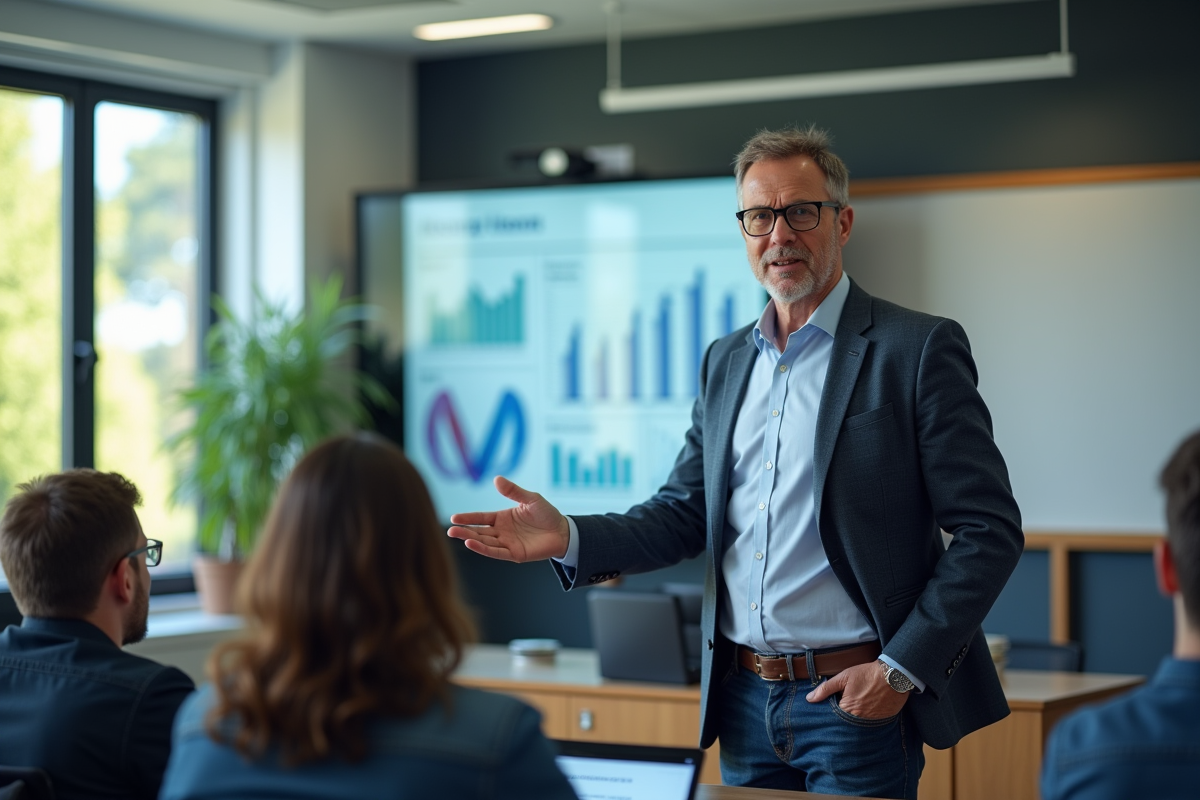 Professeur en classe avec écran interactif montrant des graphiques d