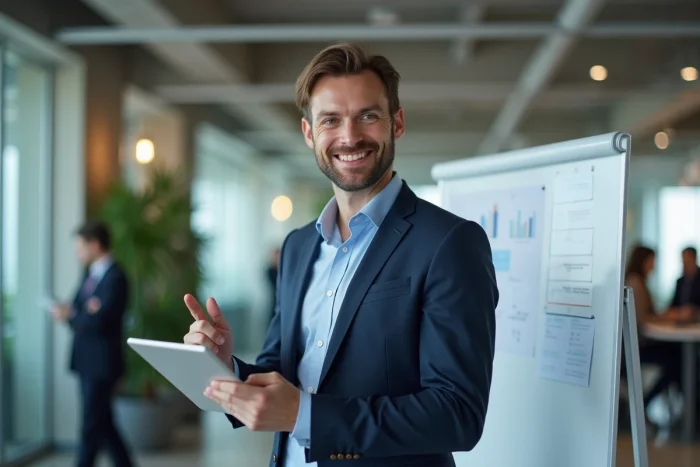 Professionnel présentant une stratégie de développement sur un tableau blanc en entreprise