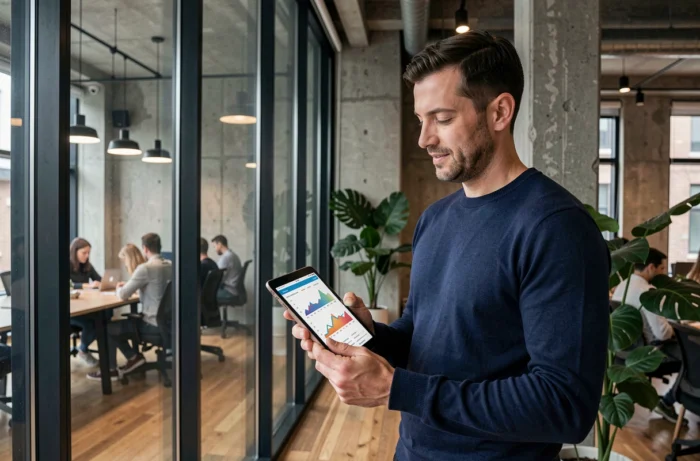 Professionnel analysant les tendances du commerce numérique sur une tablette dans un espace de coworking