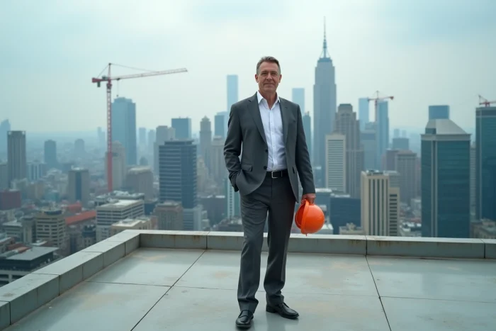 Promoteur immobilier en costume sur le toit d'un immeuble en construction avec panorama urbain