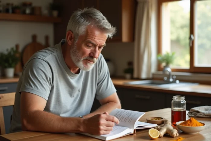 Homme consultant un journal de remèdes naturels pour traiter un lipome avec des ingrédients naturels comme le gingembre et l'huile de ricin