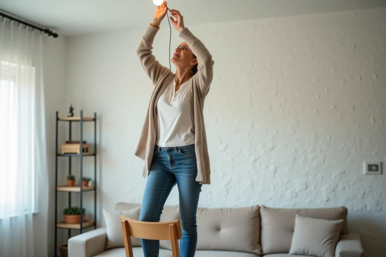 Femme remplaçant une ampoule dans un salon moderne
