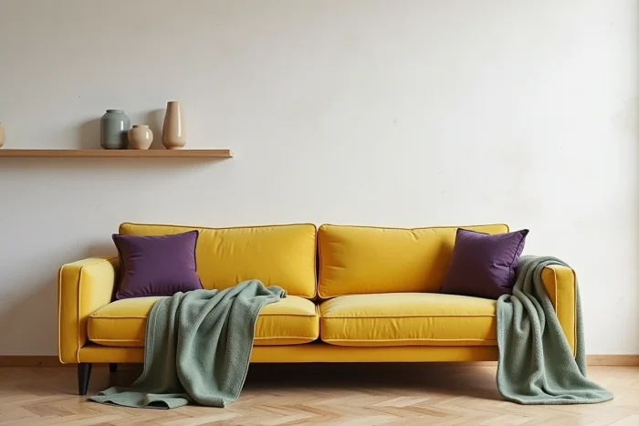 Salon moderne avec canapé jaune citron en velours et coussins violet complémentaire pour une décoration intérieure harmonieuse