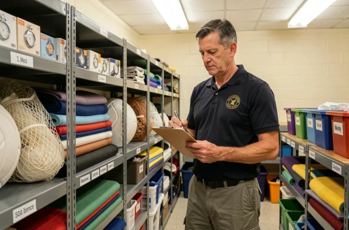Coordinateur sportif vérifiant l'inventaire du matériel dans une salle de stockage d'équipements pour collectivités