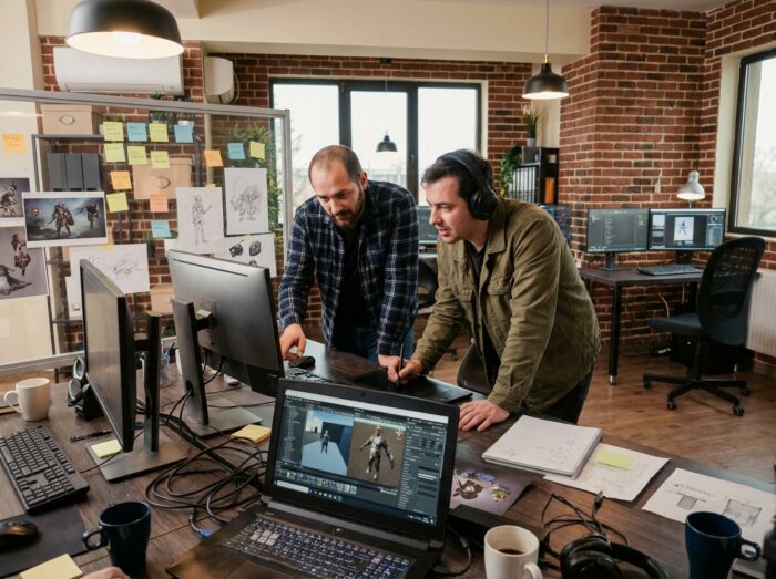 Deux développeurs de jeux vidéo en studio indépendant collaborant sur un prototype de jeu, illustrant les débouchés après une formation spécialisée