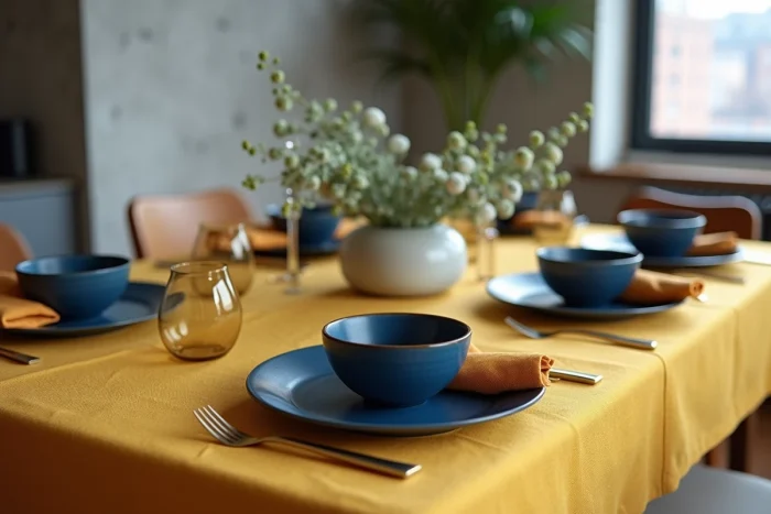 Table à manger décorée avec nappe jaune citron et assiettes bleu cobalt en déco intérieure complémentaire