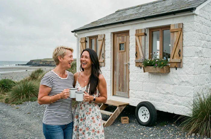Deux femmes devant une tiny house sur roues garée sur un chemin côtier pour un hébergement alternatif en bord de mer