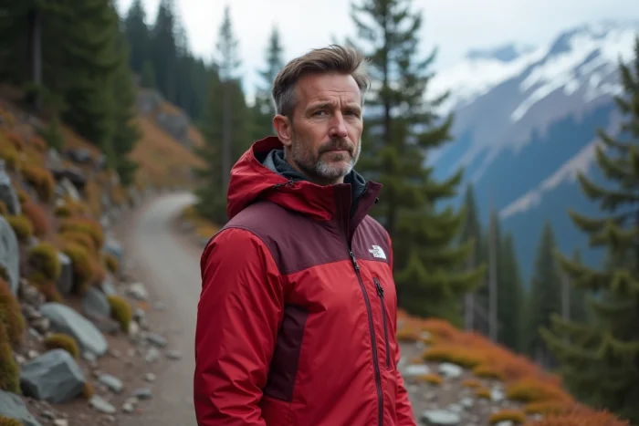 Homme portant une veste The North Face rouge en montagne, illustrant la qualité technique et le prix premium de la marque