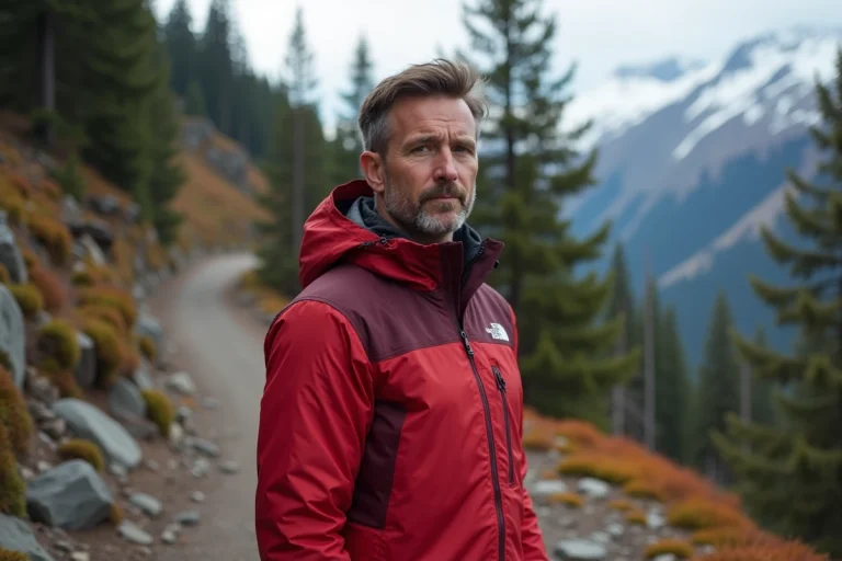 Homme portant une veste The North Face rouge en montagne, illustrant la qualité technique et le prix premium de la marque